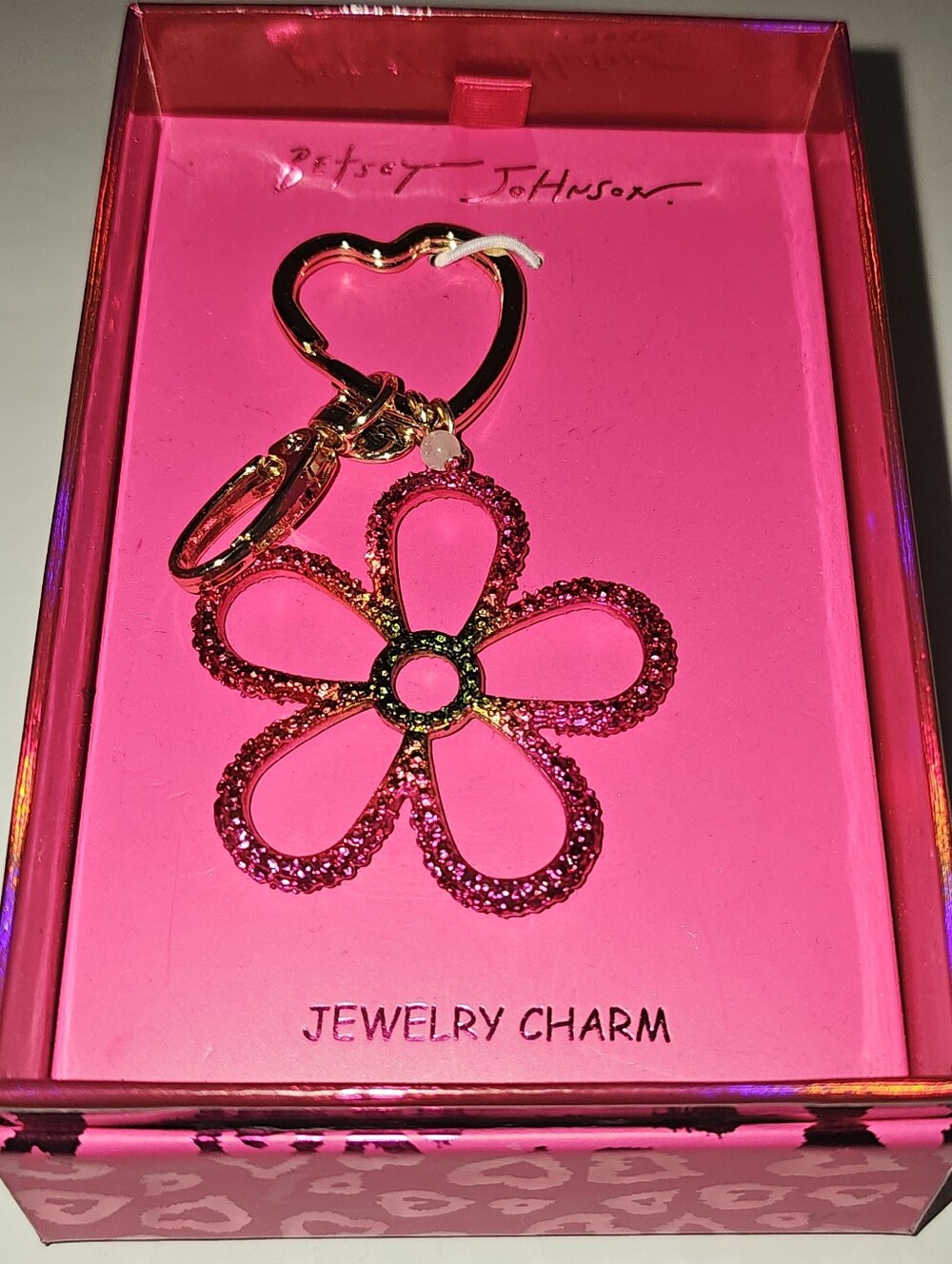 NWT! Betsey Johnson Pink and Gold Glitter Flower Keychain Charm